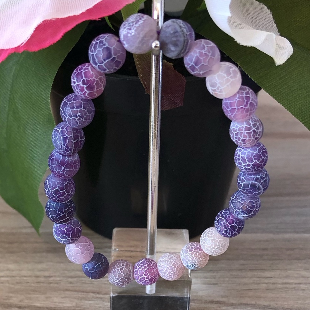 Purple Weathered Stone Beads Stretchable Bracelet 7" - 8mm Beads Best Gift